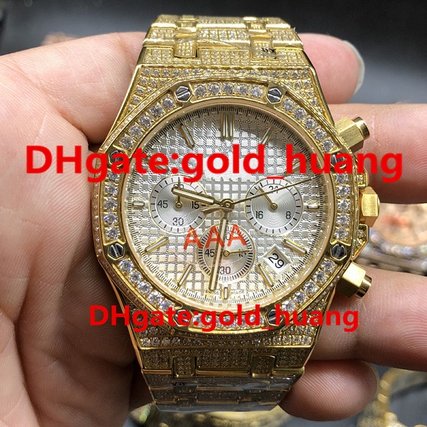 

Full iced Luxury 42mm diamond Quartz man watch Full diamond band Quartz Stainless steel Sapphire Full function men's watches Gold Silver 985, Black shell. black face