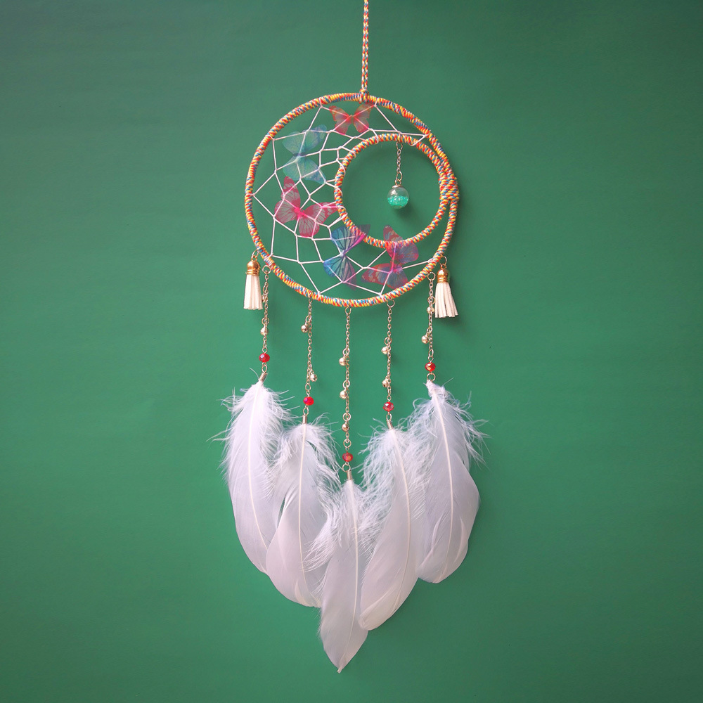 

Butterfly Dream Catcher Gift White Pink Handmade Feather Pendant Wall Decor for Bedroom 122571