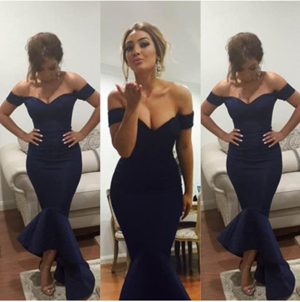 

Simple Dark Blue Satin Short Mermaid Prom Dresses Sexy Sweetheart Neckline Hi-Lo Party Dresses Custom Made Sheath Evening Dresses, Silver