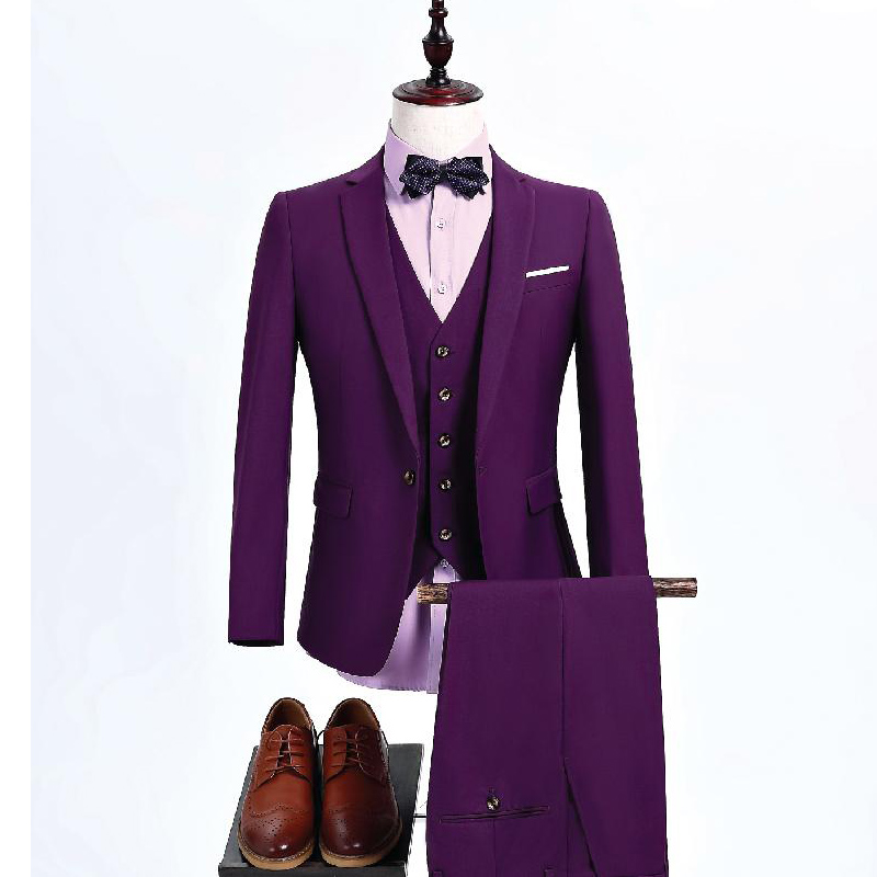 

Three Piece Purple Men Suits for Wedding Groomsmen Wear Trim Fit Custom Made Groom Tuxedos Evening Dinner Suit Jacket Pants Vest, Burgundy