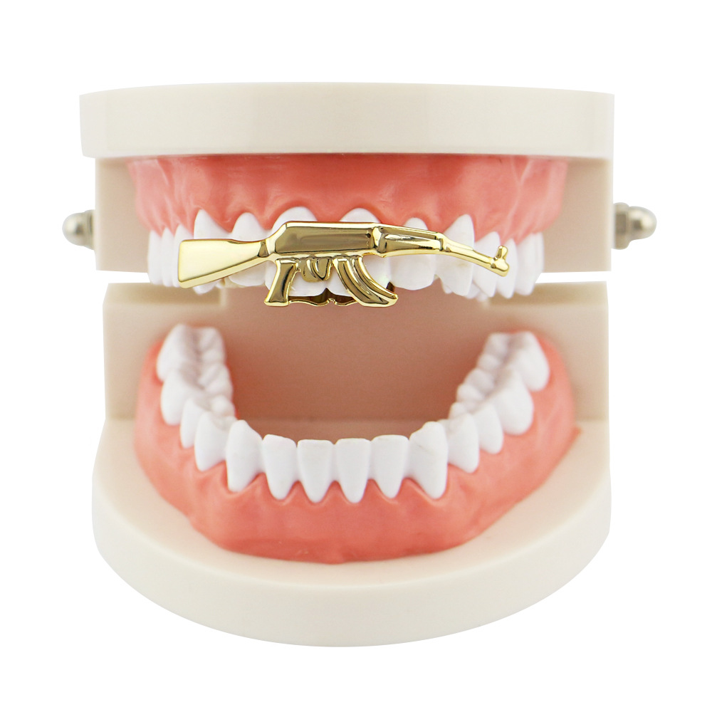 

HipHop Ak-47 Grillz Top Grill Double Cap Teeth Gold Color Tooth Gun Ak47 Shape Removeable Grills Top Teeth
