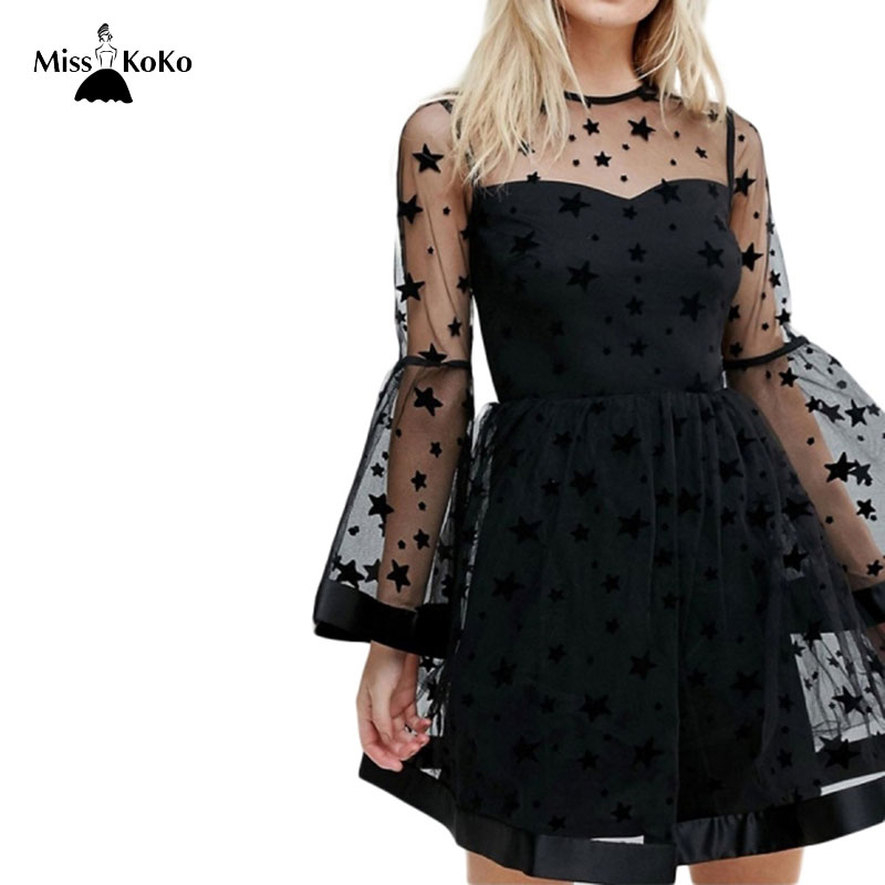 

Misskoko Brand Women Black Stars Printed Lace Mini Dresses O-Neck Flare Sleeve Patchwork Sheer Backless Female Sexy Vestidos