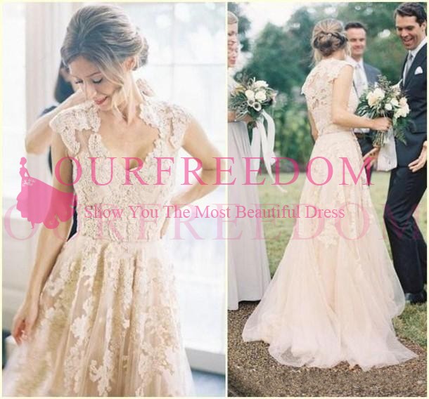 Designer Country Style Wedding Dresses 2019 New Arrival Colored Lace A line Cap Sleeve V Neck Appliques Tulle Modest Boho Bridal Gowns New