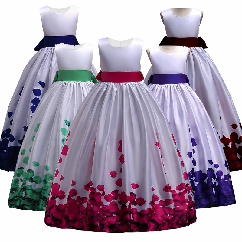 

Teens Girls party dress Kids Girls elegant Wedding Flower Girl Dress Sleeveless Princess Birthday long petal Dresses, White&rose