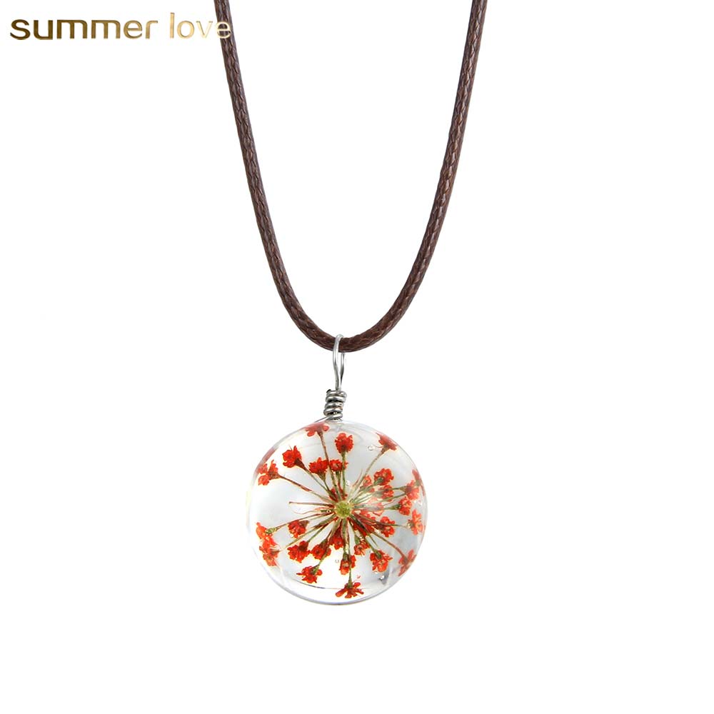 

Trransparent Round dired flower glass pendant leather necklace for women lovey long extendable chain necklace jewelry gift