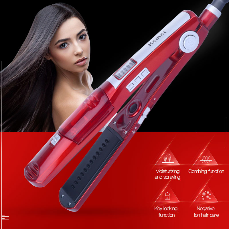 

Pro Fast Heating Tourmaline Ceramic Steam Vapor Spray Hair Flat Iron Water Moisturizing Straightener Plate Brush Wet/Dry