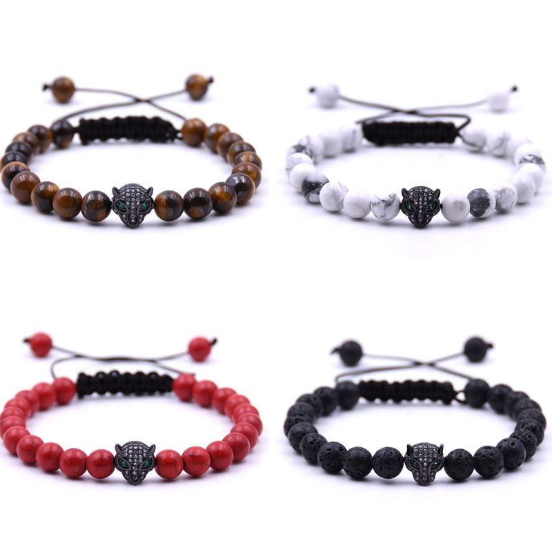 

Wholesale Natural Lava Rock Stone Bracelets Handmade Rope Leopard Head Diamond Prayer Beads Bracelet Jewelry Gift