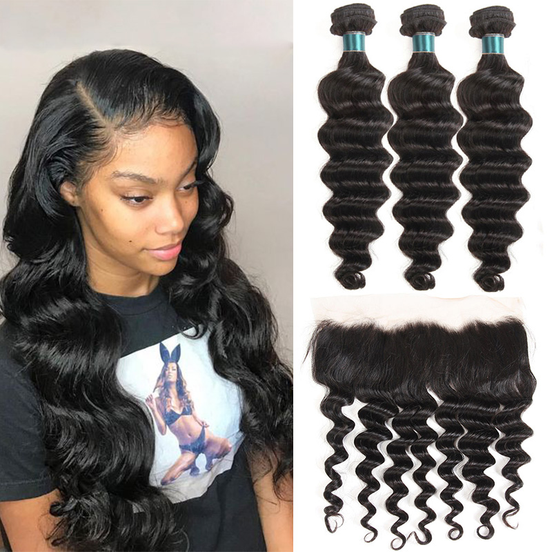 

New Hairstyle Human Hair Bundles With Frontal Loose Deep Real Brazilian Remy Hair Weave 3 Bundles With 13x4 Lace Frontal Natural Color