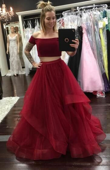 

Hot Selling Sexy Two Piece Prom Dresses 2 Piece Prom Dress for Women Organza Short Sleelves Burgundy Evening Gowns, Purple