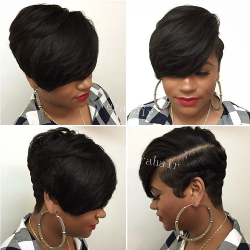 

african american Rihanna Short pixie Human Hair Wigs Natural Brazilian none Lace Front machine ade cut Wig For Black Women, Natural color
