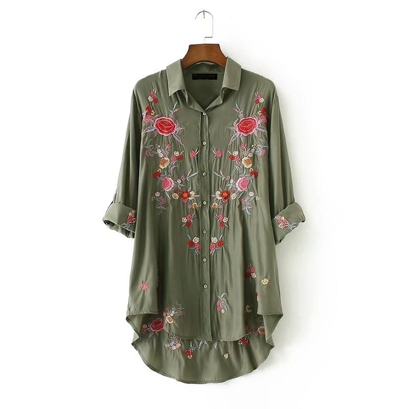 

Women Embroidery Blouse Army Green Shirt Long Sleeve Turn-down Collar Long Tops Asymmetrical hem Casual Camisas Blusas Feminina