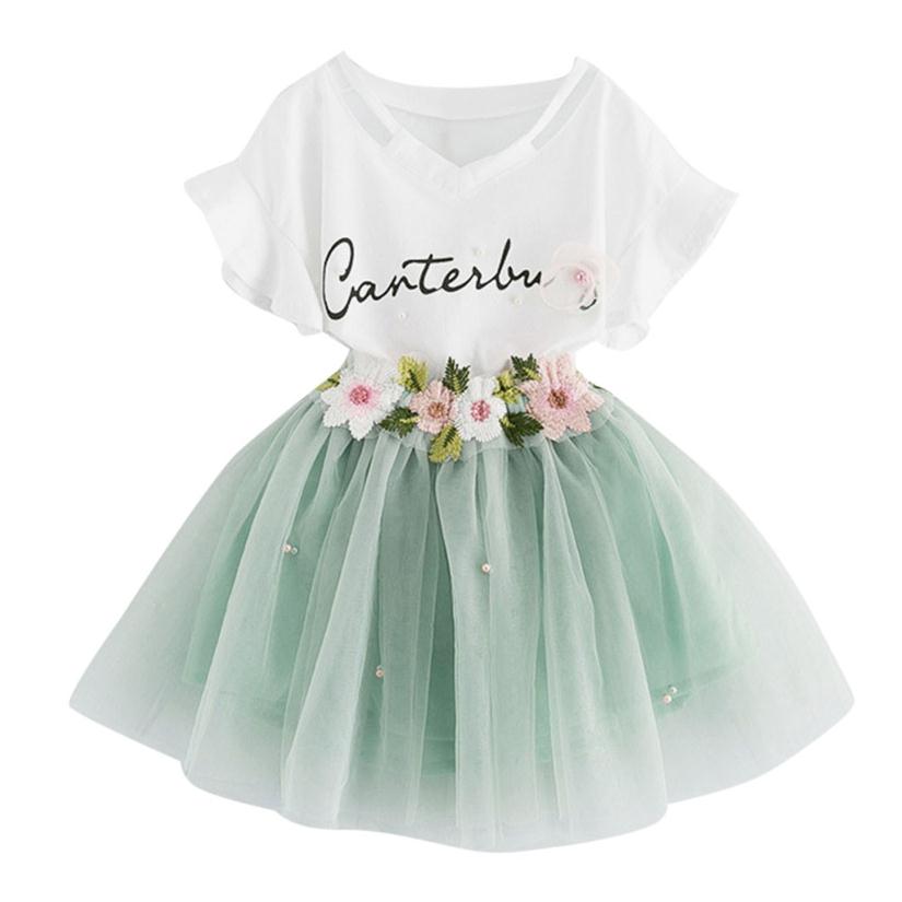 

Kids Baby Girls Letters Printing Outfit Clothes Short Sleeve T-Shirt Tops+Floral Lace Tutu Skirt 2pcs Set Toddler Summer Clothing Sets, Blue green
