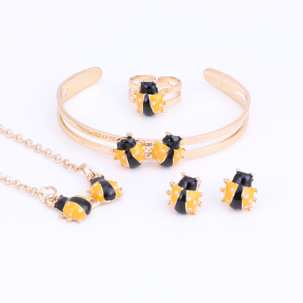 

Ladybug Baby and Kids Jewelry Sets Gold Color Children Dubai Jewelry Set Necklace Bracelet Earrings Ring Jewellery, Lemon yellow