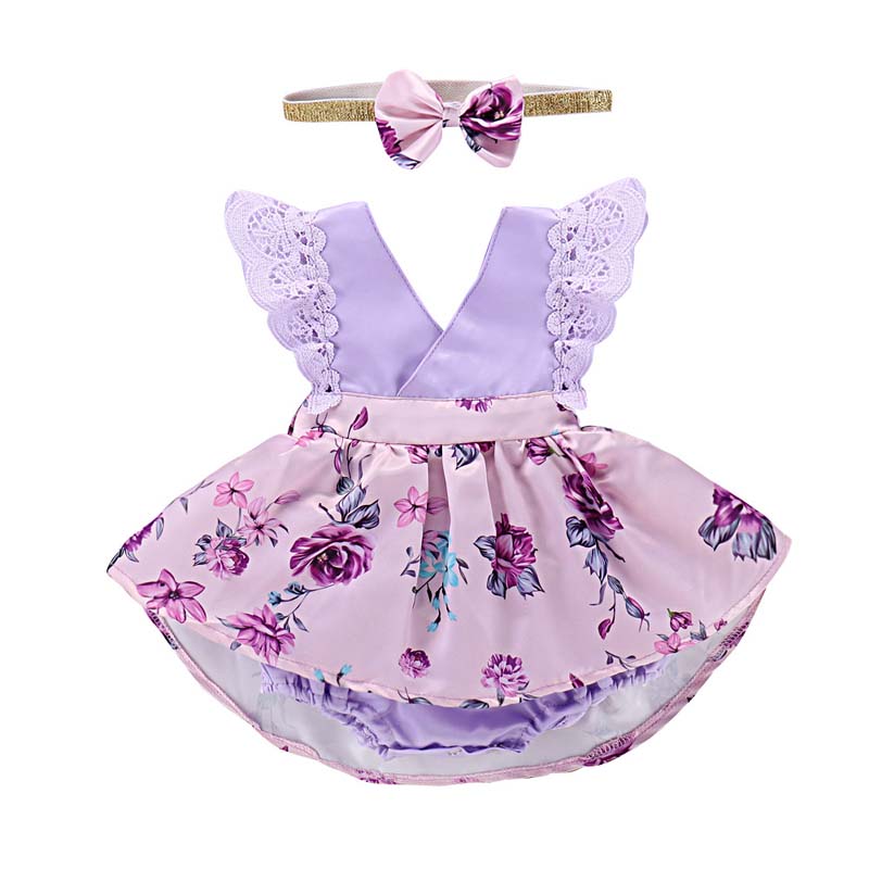

2018 Girls Floral Rompers Dress Baby Clothing Sets Kids Lace Flower Romper+ Headband Bowknot Printed Pettiskirt Romper Kids Summer Outfits, As photo