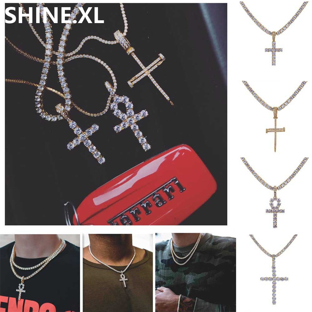 

Hip Hop Ankh Cross Pendant Necklace Iced Out 4mm Tennis Chain Micro Pave CZ Stones Pendants Necklace for Men