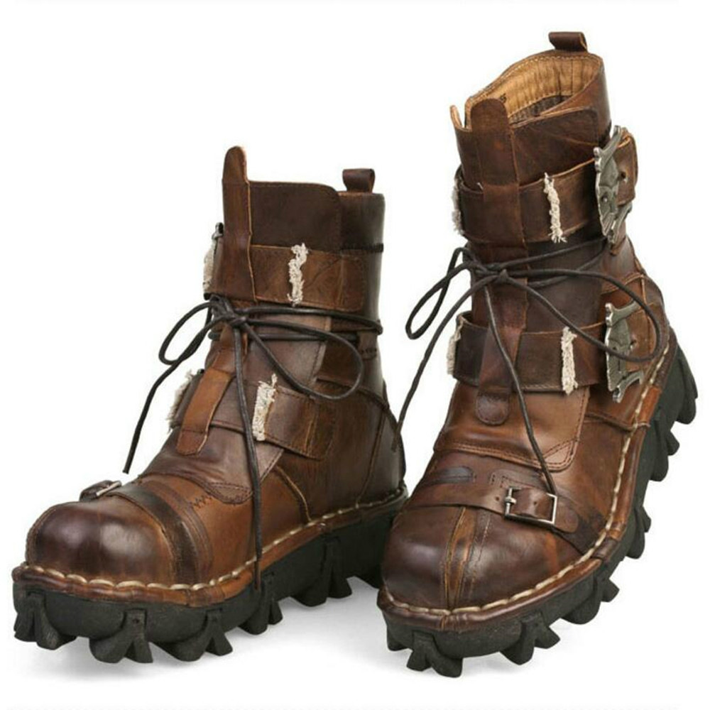

Cowhide Black Brown Genuine Leather Outdoor Uniform Boots Gothic Skull Punk Martin Platform Boots Steampunk Shoes boots for men