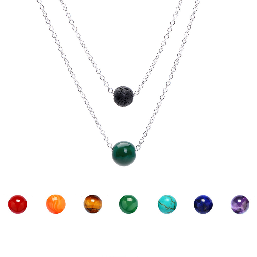 

New 8mm Lava Rock and 10mm 7 color Chakra Stone pendant Multi-layered necklaces Silver Stainless steel chain For women Fashion Jewelry