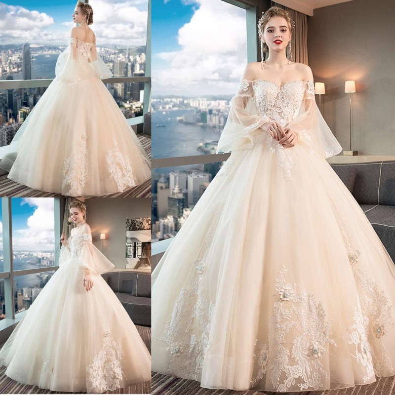 

Vintage Princess Wedding Dresses Off Shoulder Lace Applique Sequins Long Sleeve Ball Bridal Gowns Lace Up Back Floor Length Wedding Dress, Black