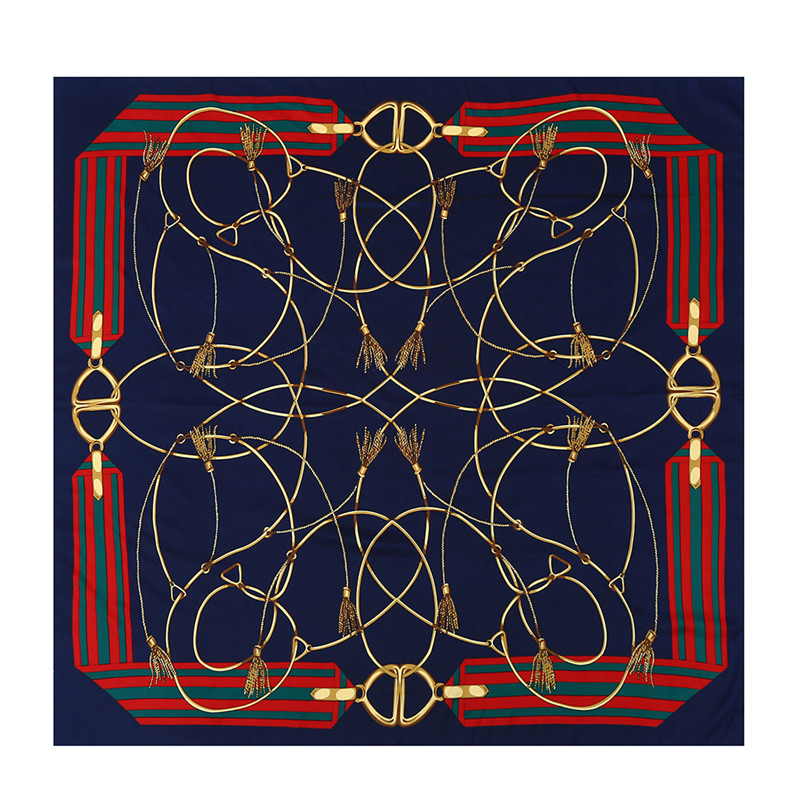 

New Twill Silk Scarf Women Square Head Scarves Spain Chain Fashion Shawls&Wraps Hijab Lady Bandana Female Silk Foulard Kerchief 130*130CM, Blue;gray