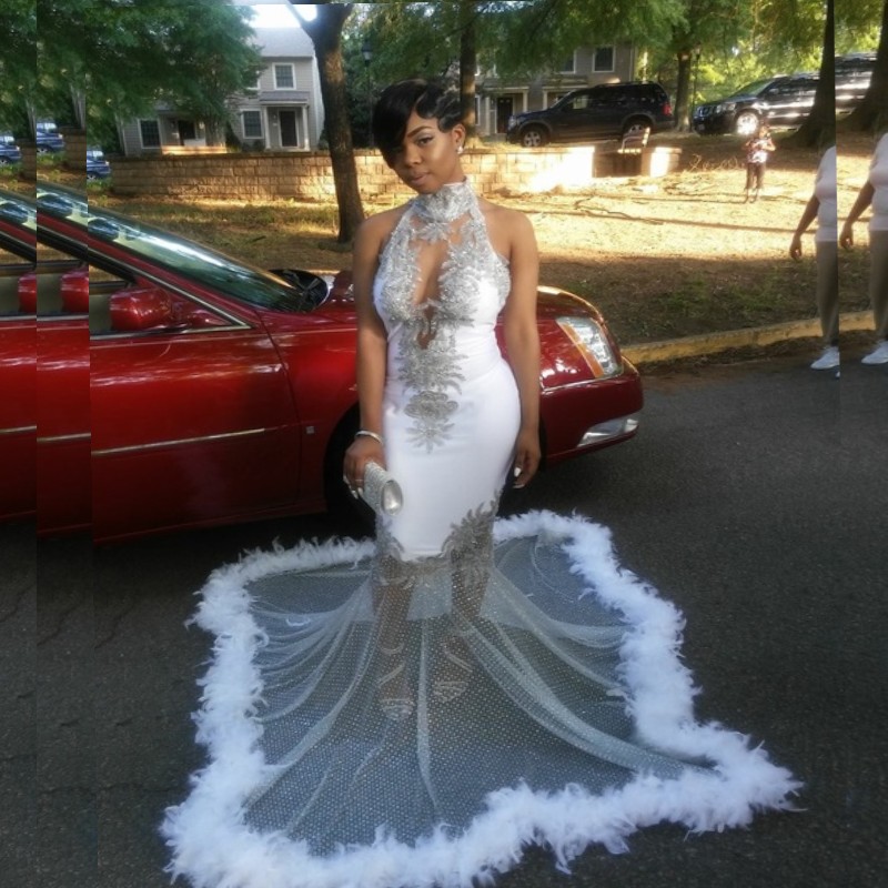 

Sexy Mermaid Feather Prom Dresses High Neck Beads Lace Applique Sleeveless Party Dress Attractive Stylish African 2018 Prom Dresses Gorgeous, Lilac
