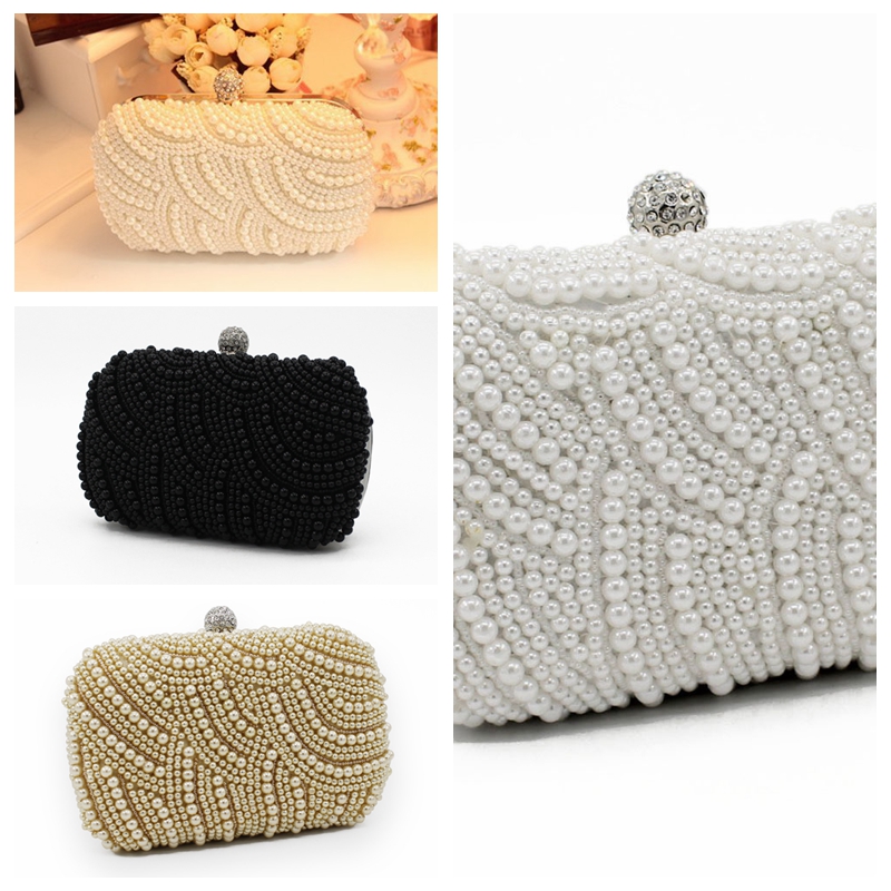 

Elegant Full Pearls Crystal Beaded White Bridal Wedding Hand Bags Evening Party One Shoulder Small Clutch Dinner Bags Champagne For Ladies