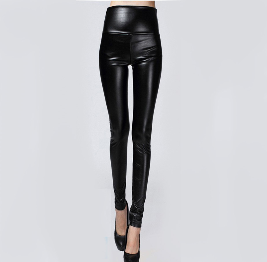 

Autumn Winter Women Tight Leggings PU Clothes Skinny Pencil Leggings Sexy Thin Fleece Trousers Faux Leather Pants, Yellow