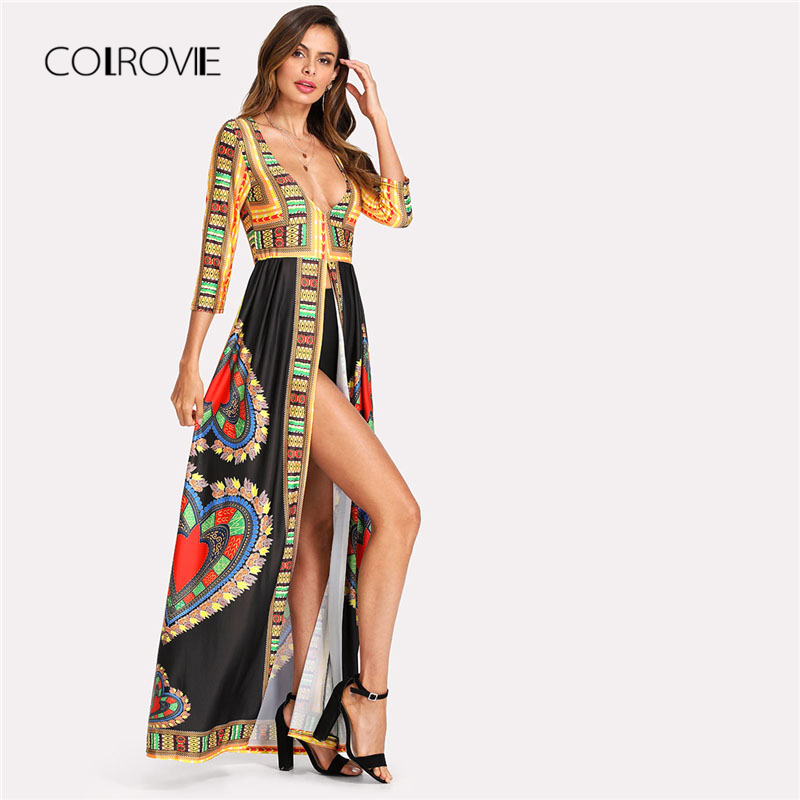 

COLROVIE Geo Print Maxi Kimono 2018 New Fashion Multicolor Spring Tribal Female Clothes 3/4 Sleeve Longline Kimono, Multi