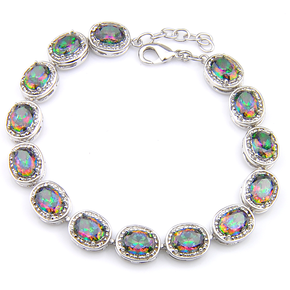 

High Quality Oval Shaped Cut Natural Mystic Rainbow Topaz Gemstone Silver Wedding Bangle Bracelets For Women Lovers Bracelets