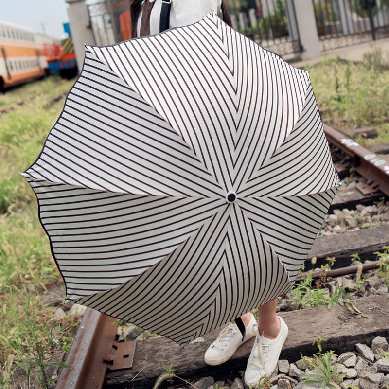 Folding Umbrella Delicate Multi-function Sun Rain Umbrellas Woman Girl Simple Stripe Black Coating Anti UV Parasol M260303-image-1096023110