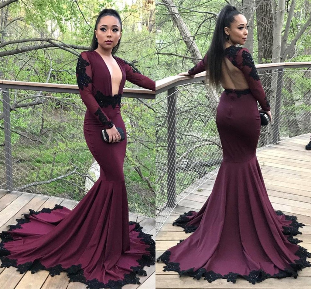 

Sexy Deep Plunging V Neck Burgundy Mermaid Prom Dresses With Black Appliques 2018 Long Sleeves Formal Evening Dresses Party Gowns BA7833, Same as picture