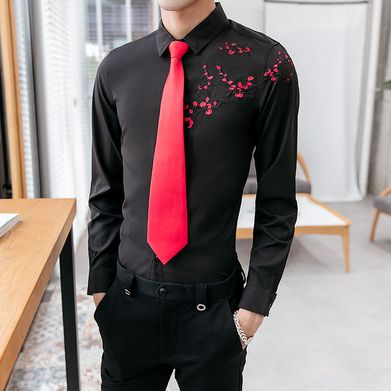 

2018 New Designer Floral Embroidery Men Shirt Long Sleeve Fashion Slim Fit Uniform Shirts with Tie Plus Size camisa masculina, Black