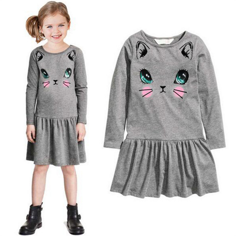 

Princess Girls Dress 2018 New Fashion Summer Cat Print Children Long Sleeve Cartoon Baby Girl Cotton Party Dresses for Kids, Red