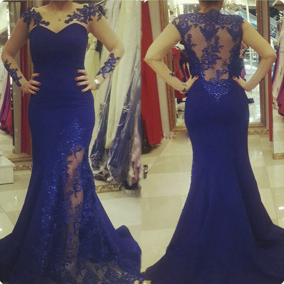 

Glamorous Long Sleeves Mermaid Prom Dresses Gorgeous Appliques Beads Floor Length Illusion Back African Sheath Prom Evening Gowns, Blue
