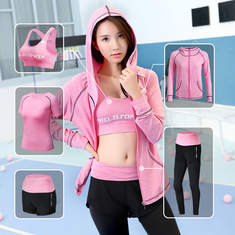 

Women Yoga Sets 5pcs Breathable Sportswear Fitness Suits Sports Bra Running Shirt Jacket Jogging Trainning Pants shorts, Blue 3