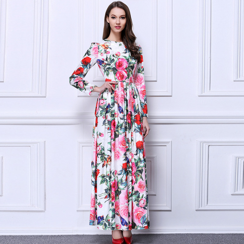 

Women's O Neck Long Sleeves Roses Printed Ruched Waist Elegant Long Runway Dresses, Multi