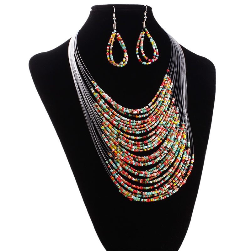 

New Fashion Vintage Jewelry Sets Joker Boho Multilayer Colorful Africa Beads Statement Necklace with Earrings Set