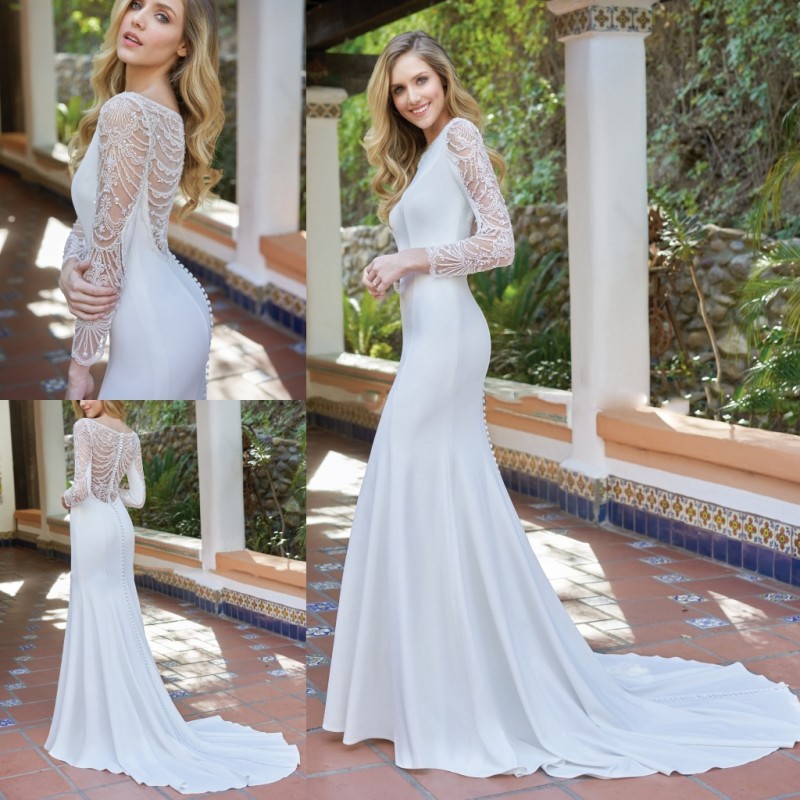 2020 Jasmine Mermaid Wedding Dresses Cheap Jewel Applique Beads Long Sleeve Satin Sweep Train Bridal Gowns Plus Size Robe De Mariée