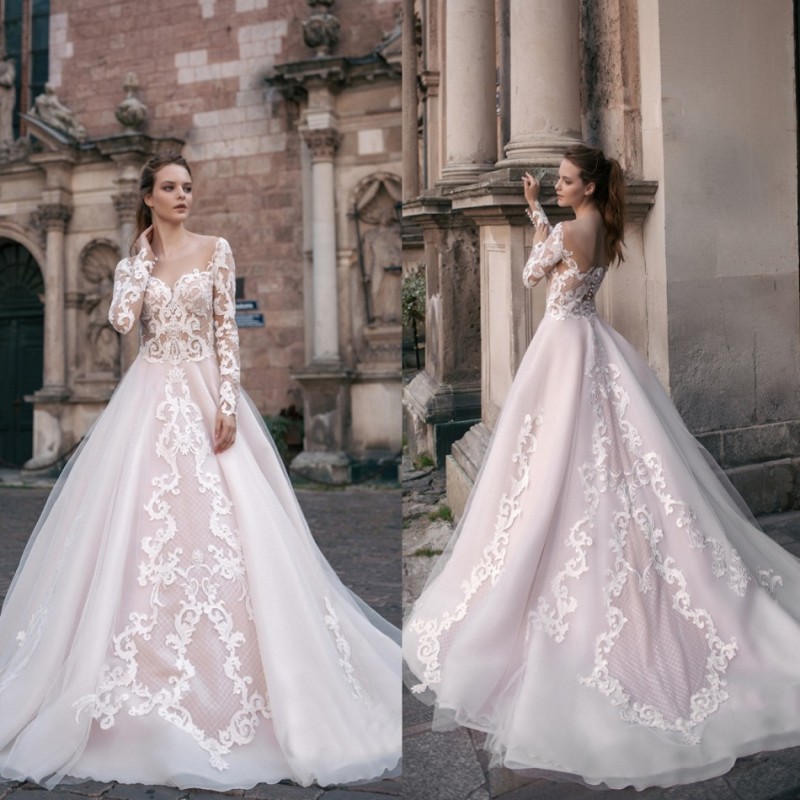 

Milva Princess A Line Wedding Dresses Scoop Neck Blush Pink Lace Appliqued Long Sleeve Sweep Train Bridal Gowns vestido de novia