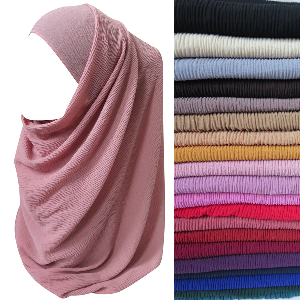

Crinkled Pleated Stripe Thick Chiffon Muslim Women Hijab Scarf Head Wrap Large Size Plain Colors Soft