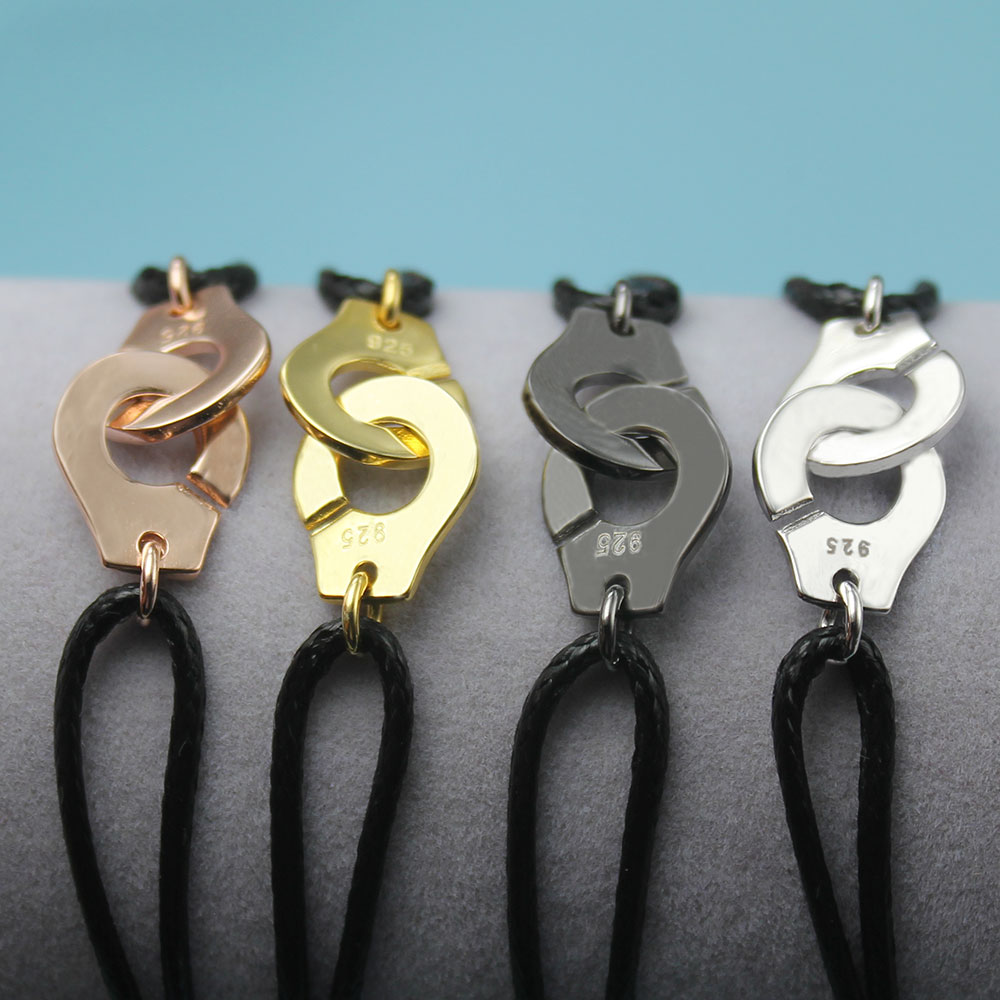 

France Popular 925 Sterling Silver Handcuff Bracelet For Women With Black Rope 925 Silver Bracelet Menottes Only Stamp