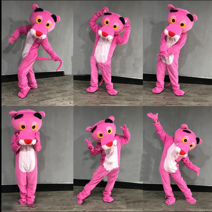 

2018 Factory direct sale Pink Panther Mascot Adult Costume Leopard Fancy Carnival For School Anime halloween christmas birthday party, Red;yellow