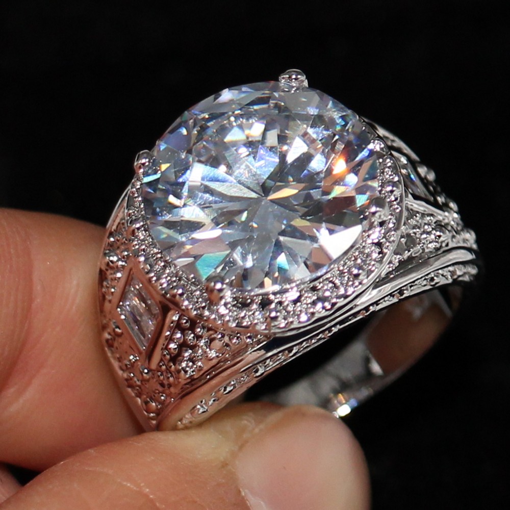 

Stunning Wide Band Ring for Men Vintage Fashion Jewelry 14KT White Gold Filled Big Topaz Solitaire CZ Gemstones Male Rings Gift With Box