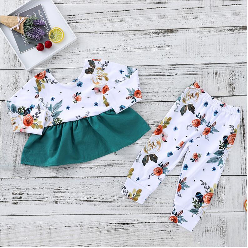 

Girl Floral Print Long Pants Set Baby Spring and Autumn Flower print Dress and Trousers Suit Two Pieces Kids Clothes ZHT 096, As picture
