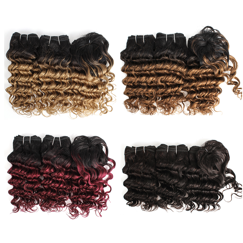 

Ombre Human Hair Weaves Indian Deep Wave Curly Hair Bundles 8-10 Inch 3pcs/Set Blonde Red wine Human Hair Extensions 166g/Set, Natural color