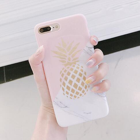 

Gold Pineapple Phone Case Geometric Splice Stone Marble Texture Pattern Design Cases for Iphone XS MAX XR 6 6S 7 8 8 Plus X Cover, Pink