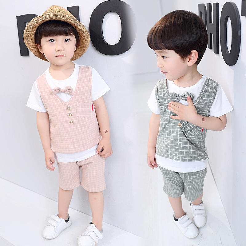 

explosion of the new summer suit for boys in fashion plaid shirt tie child vest three pieces per pack Child clothing set, Pink