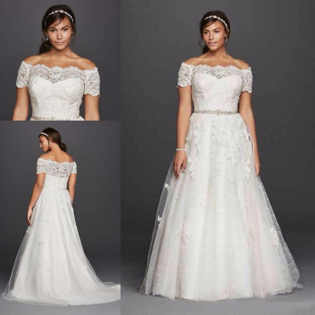 

Plus Size Wedding Dresses Off the Shoulder Sheer Neck Garden Wedding Gowns Appliques A Line Short Sleeves Bridal Gowns, White