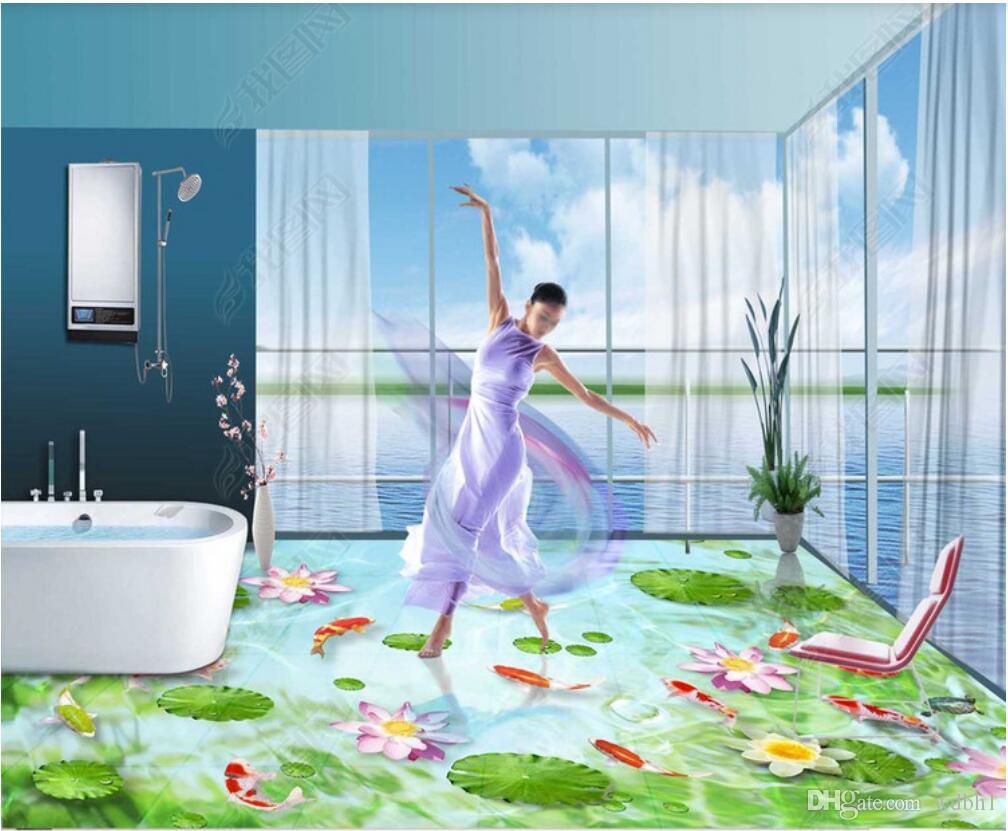 

3d pvc flooring custom photo Bishui Qingtan water swimming fish squid lotus leaf 3D floor3D floor tiles murals wallpaper, Green