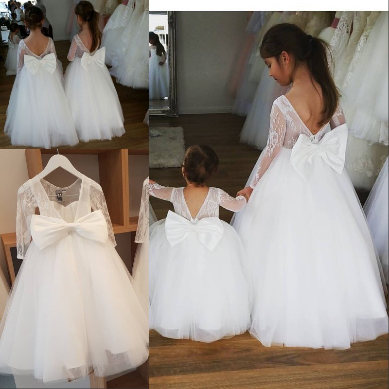 

Long Sleeves Flower Girls Dresses Lace Jewel Neck Bow Backless Christening Dress Fluffy Tulle First Communion Dresses Cheap Custom Made, Light yellow