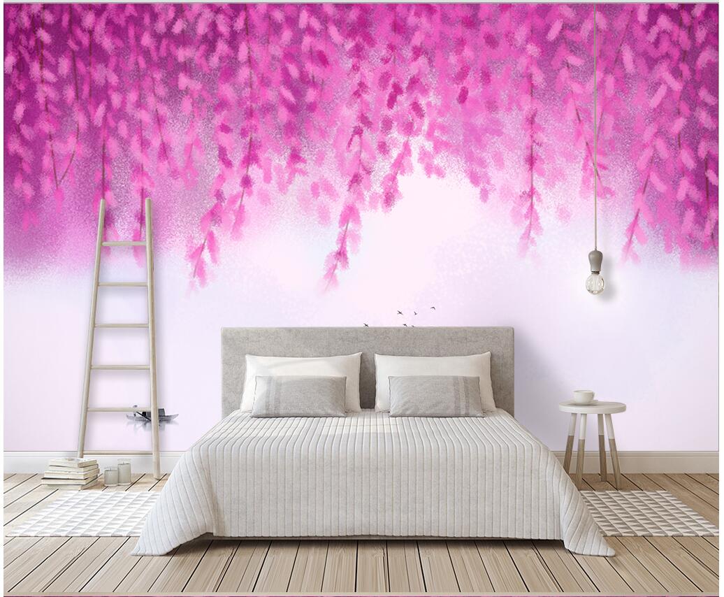 

3d wallpaper custom photo Purple mood simple and elegant flowers and willow landscape hand-painted romantic muals wall paper for walls 3 d, Pink